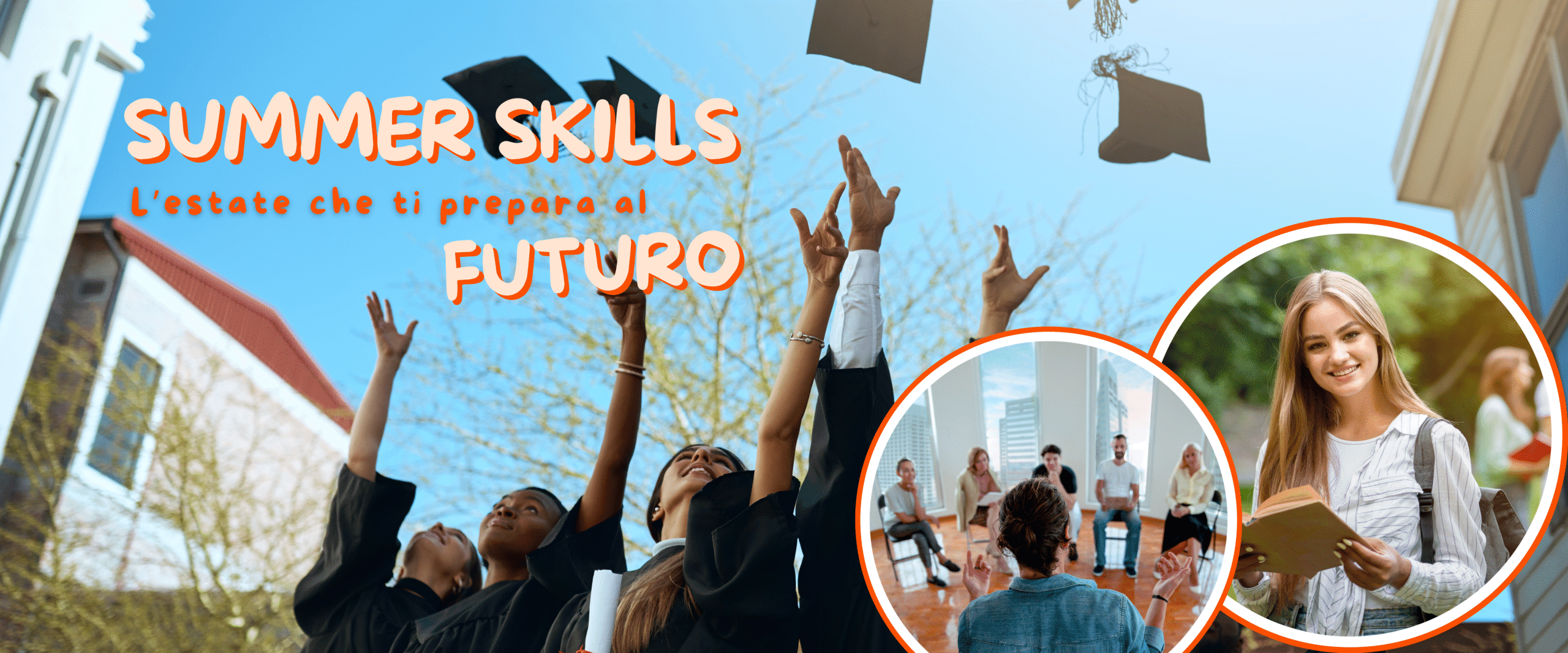 Studenti festeggiano la loro laurea con cappelli in aria.